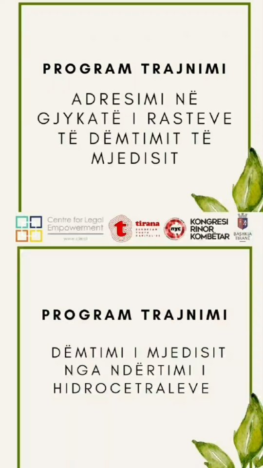//*Vepro@Mjedisin: Të rinjtë aktiv për një Shqipëri Evropiane të Gjelbër*\\
Momente nga dy trajnimet e para në kuadër të projektit Vepro@Mjedisi të implementuar nga #CLE për të nxitur frymën aktiviste ndaj mbrojtjes së mjedisit tek të rinjtë. 

Dr. Dorina Ndreka (Asllani) prezantoi përpara studentëve të interesuar temat: 
 - "Adresimi në gjykatë i rasteve të dëmtimit të mjedisit" 
 - "Dëmtimi i mjedisit nga ndërtimi i Hidrocentraleve" 

Trajnimet u zhvilluan në ambientet e Universitetit "Aleksandër Moisiu" në Durrës.

...

🚨 Ky projekt/aktivitet organizohet në kuadër të programit Tirana Kryeqyteti Evropian i Rinisë 2022 me mbështetjen financiare të Kongresit Rinor Kombëtar në bashkëpunim me Bashkinë Tiranë.

#tirana #youth #EuropeanYouthCapital2022 #EYC2022 #ActivateYouth #EuropeanYearOfYouth #NationalYouthCongress #CityOfTirana #centreforlegalempowerment #cle #ndihmaligjorefalas